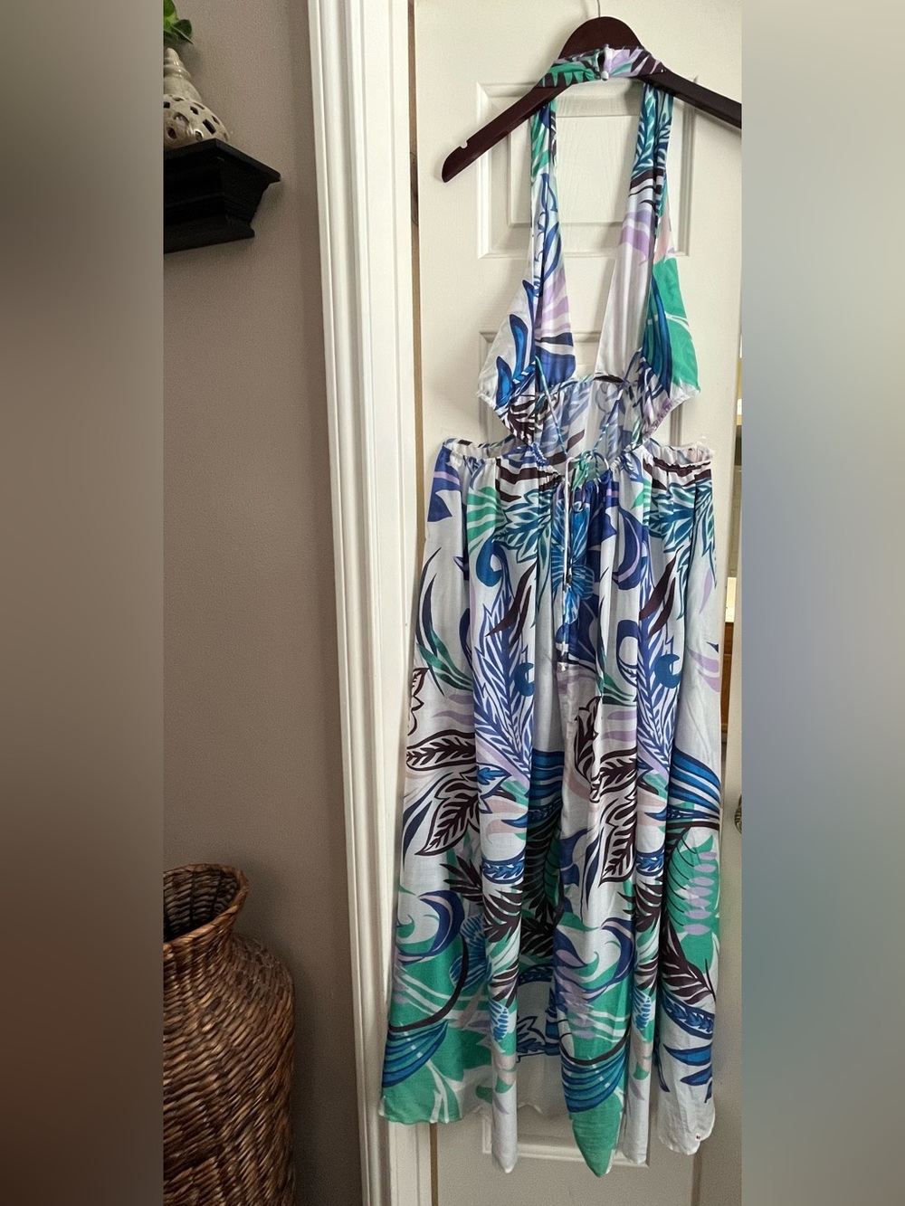 Anthropologie Halter Plunge Maxi Dress in Blue, Green & Lavender Size Medium - Picture 6 of 8